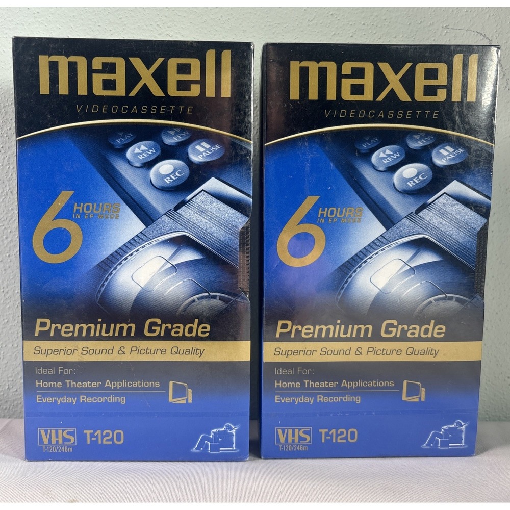2 Pack Maxell Premium Grade T-120 VHS Blank Video Cassette Tape 6 Hour EP Mode